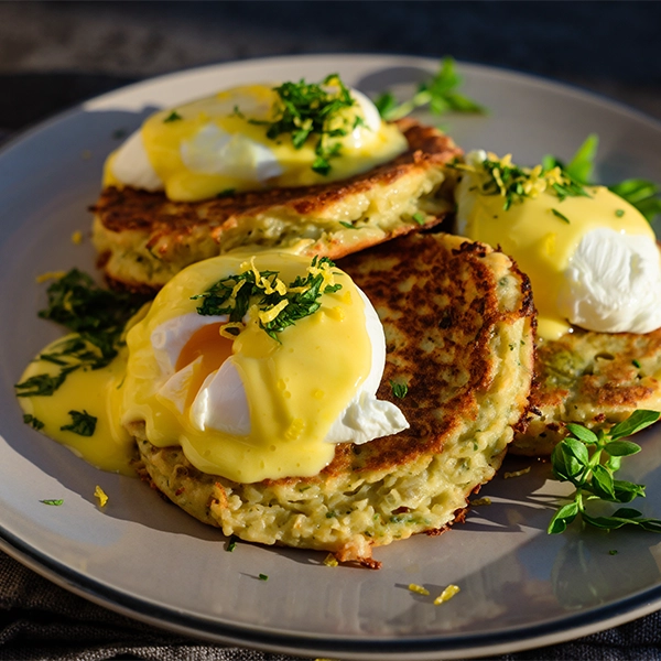 Colcannon Cakes with Poached Eggs and Hollandaise Sauce